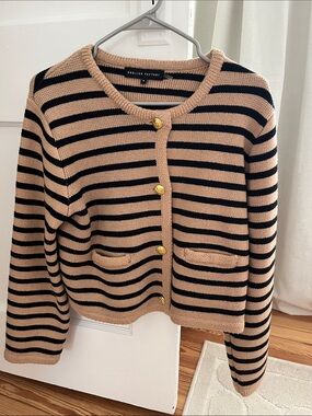 English Factory Beige & Black Striped Cropped Cardigan